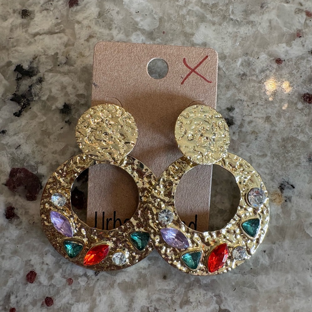 Gold-Tone Multicolor Gem Hoop Drop Earrings